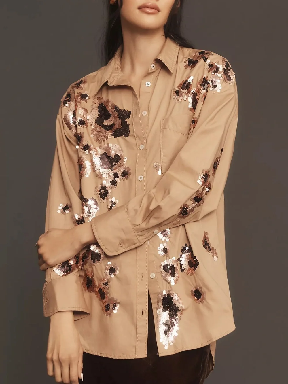 Maeve by Anthropologie The Bennet Buttondown Shirt Oversized Sequin Leopard LP